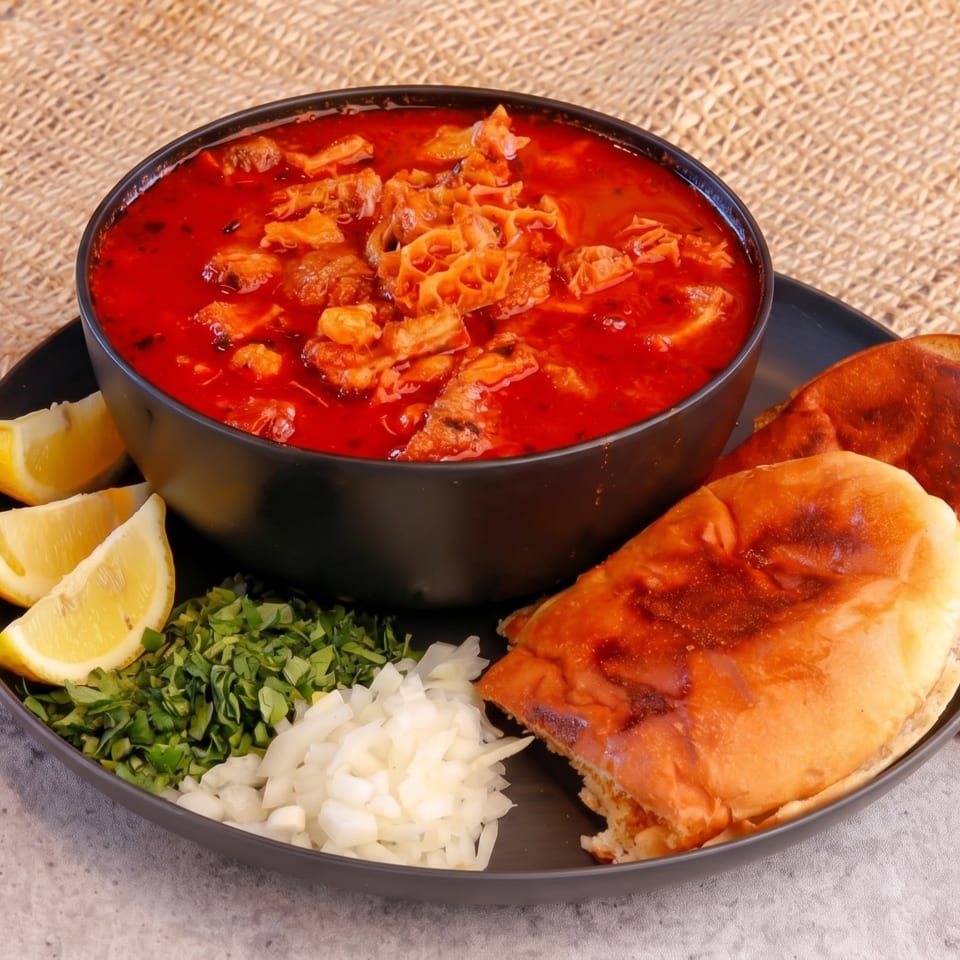 A bowl of red tripe soup with lemon wedges, chopped parsley, onions, and bread on a plate.