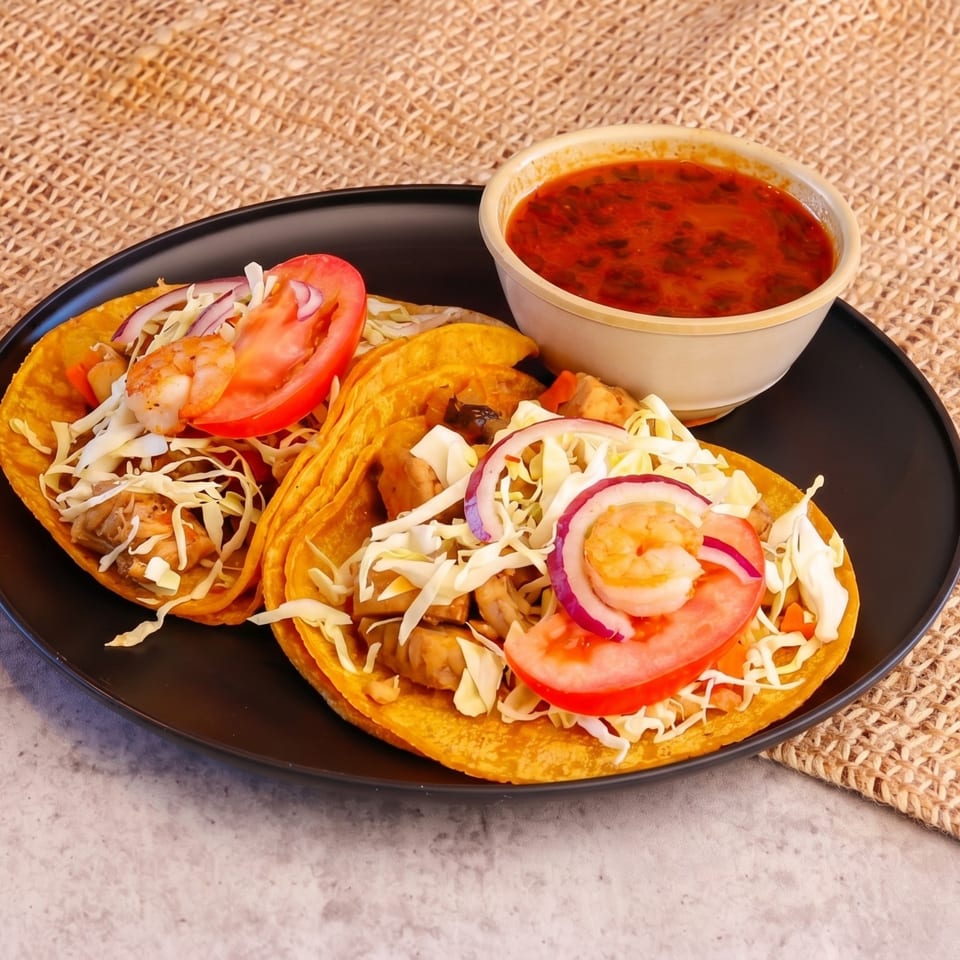 Two shrimp tacos with cabbage, tomato, and red onion, served with a side of red sauce.