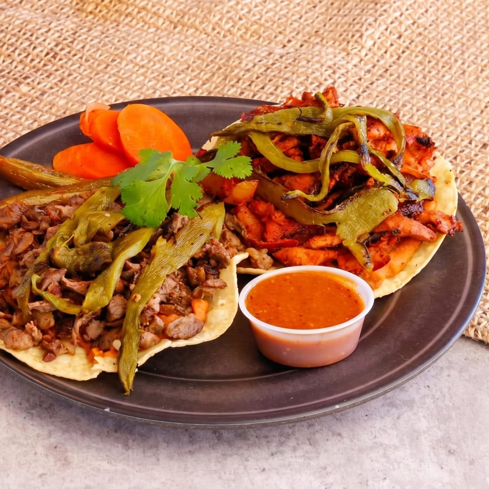Two tacos with meat, grilled green peppers, and a side of red sauce and carrots.