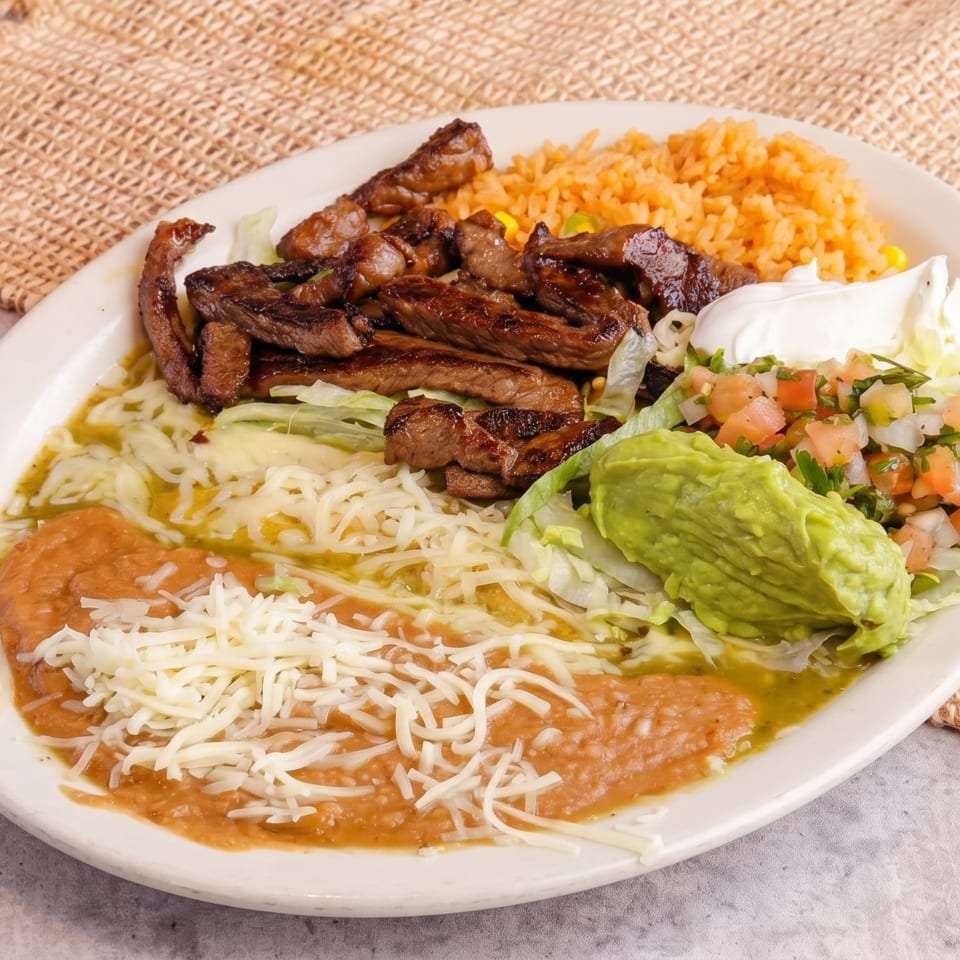 A white oval plate holds steak, rice, beans, guacamole, pico de gallo, and sour cream.