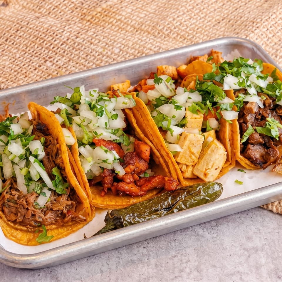 A metal tray holds five tacos with various fillings, topped with diced onions and cilantro.